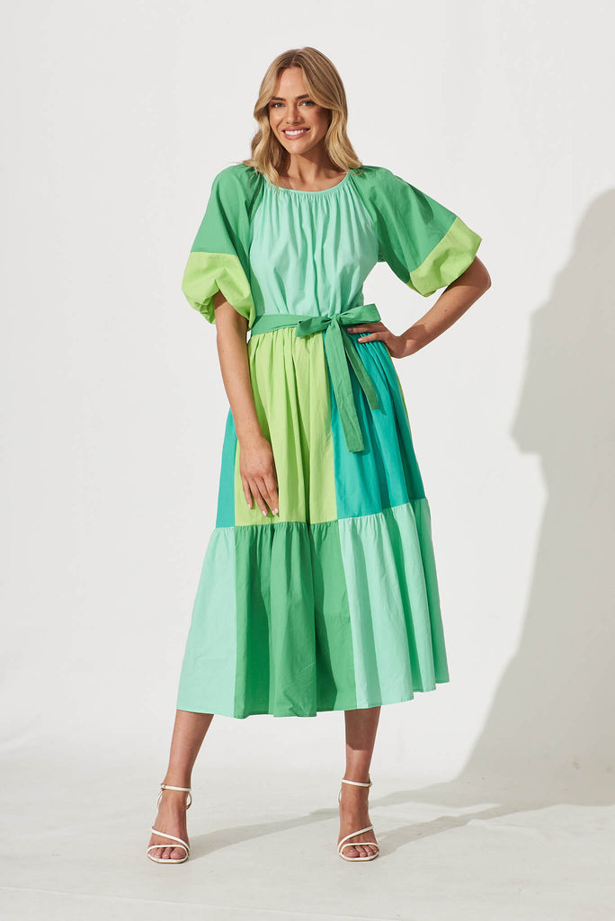 Laguna Midi Smock Dress In Multi Green Colourblock Cotton - full length
