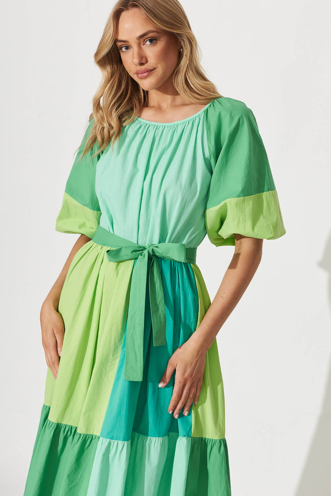 Laguna Midi Smock Dress In Multi Green Colourblock Cotton - front