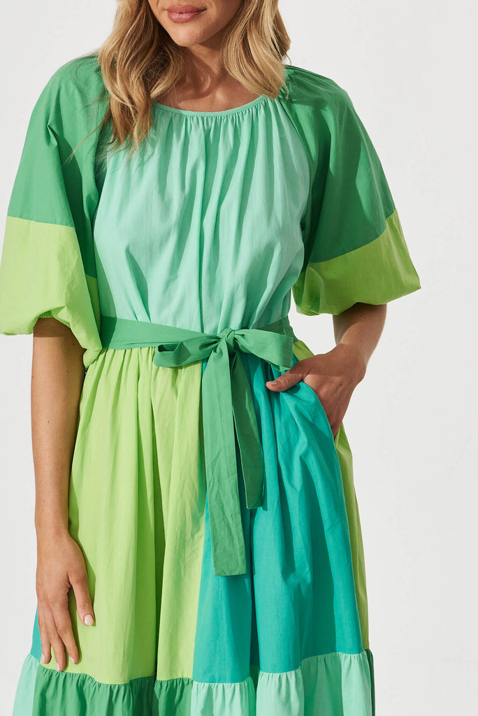 Laguna Midi Smock Dress In Multi Green Colourblock Cotton - detail