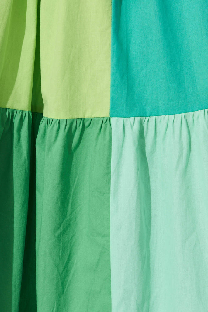 Laguna Midi Smock Dress In Multi Green Colourblock Cotton - fabric