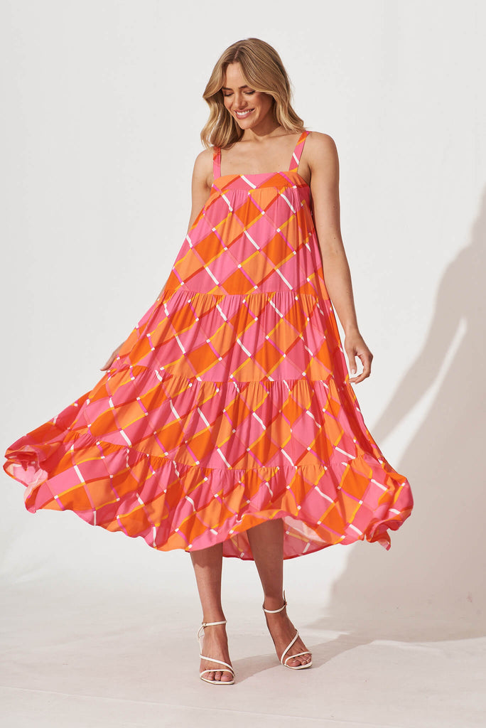Alexa Midi Dress In Pink Geometric Print - full length