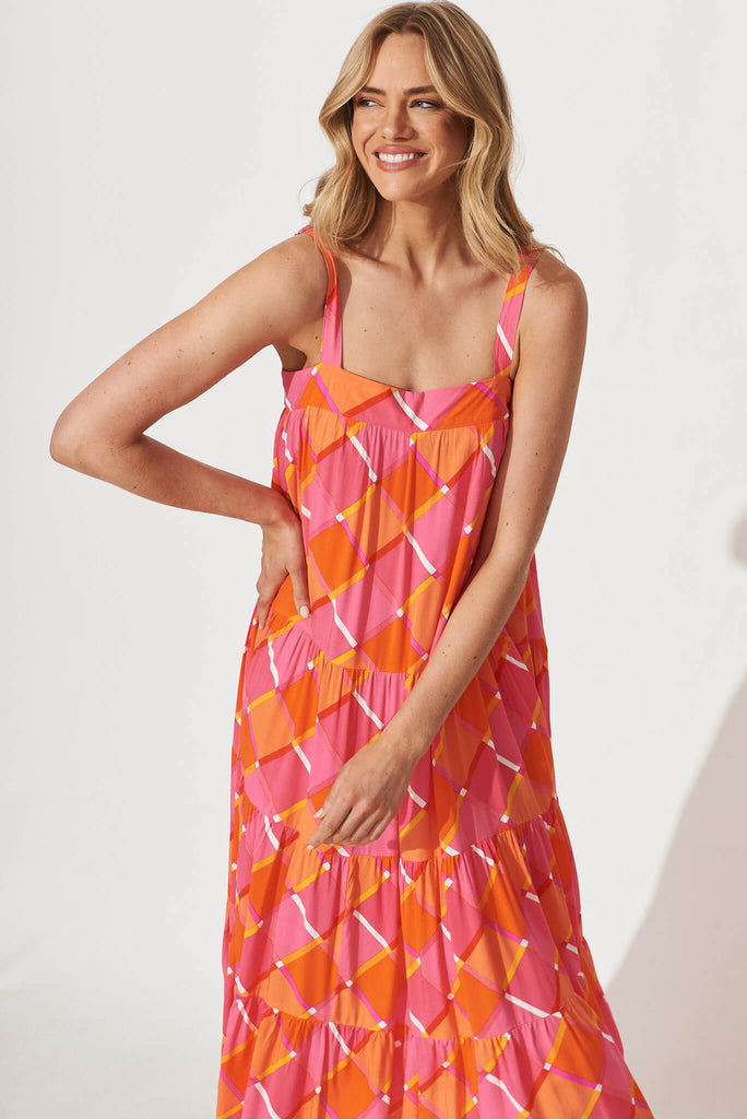 Alexa Midi Dress In Pink Geometric Print - front