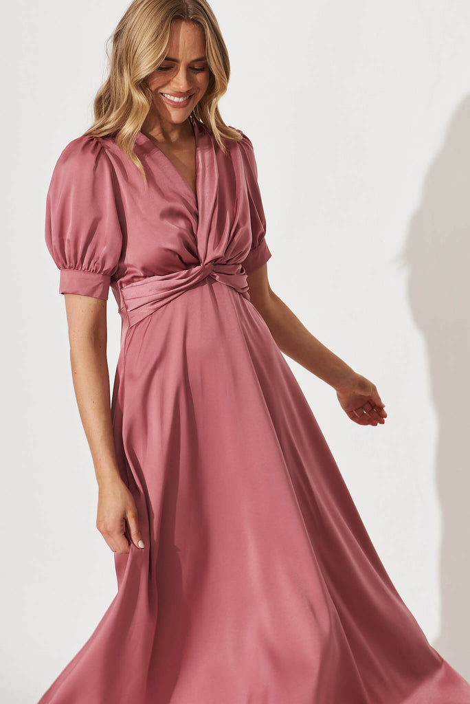 Classical Midi Dress In Rose Pink Satin - front