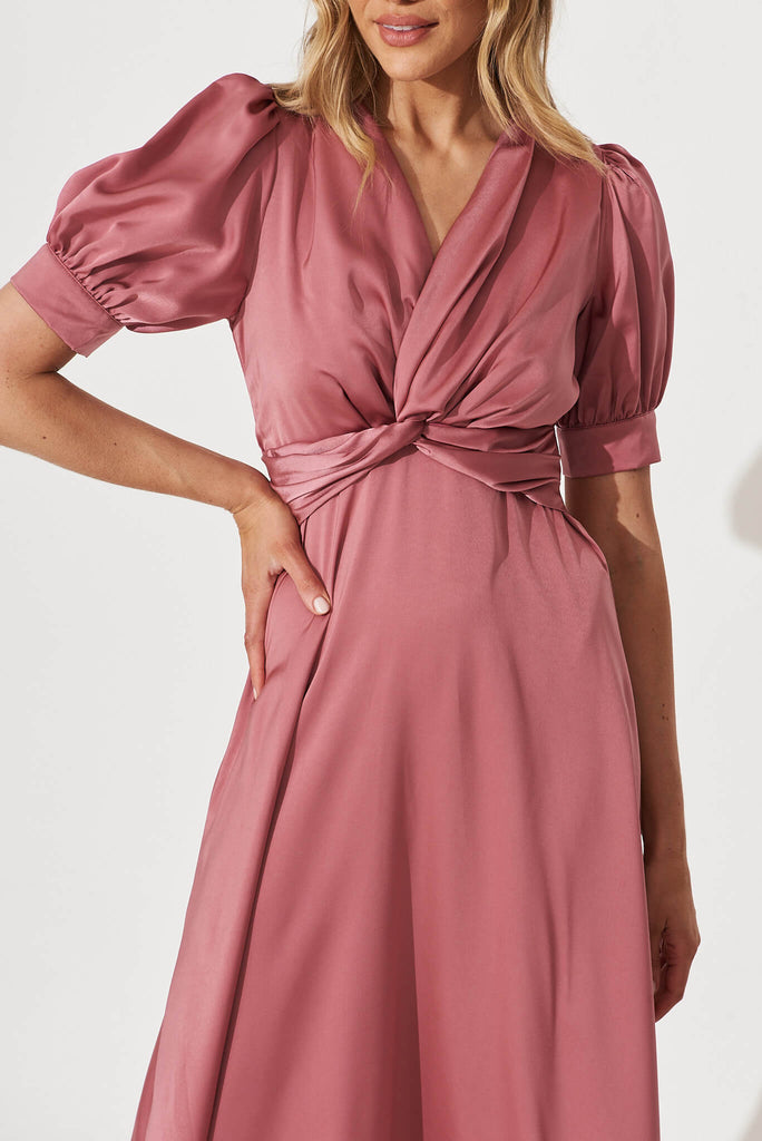Classical Midi Dress In Rose Pink Satin - detail