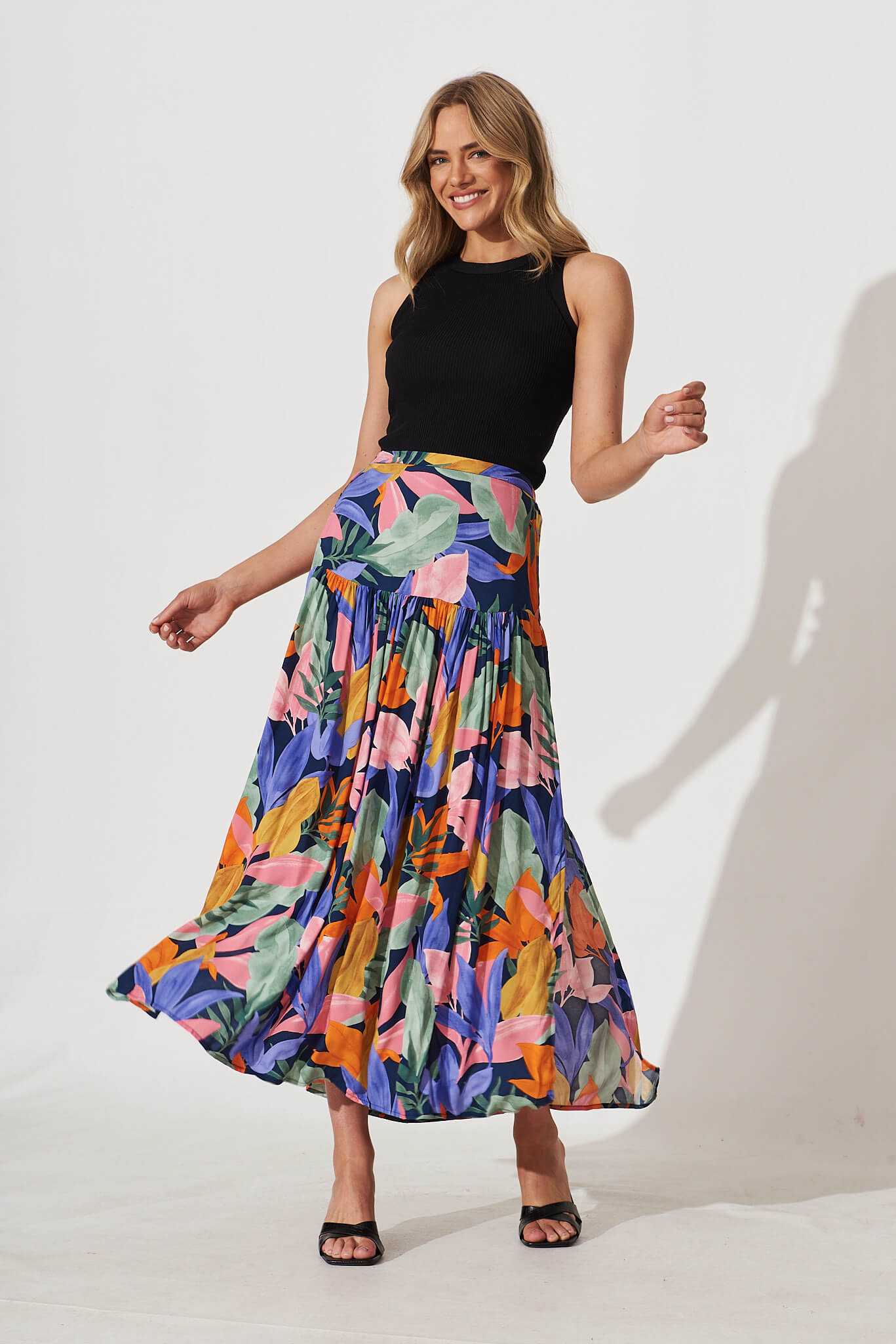 Cassandra Maxi Skirt In Navy Multi Leaf Print - full length