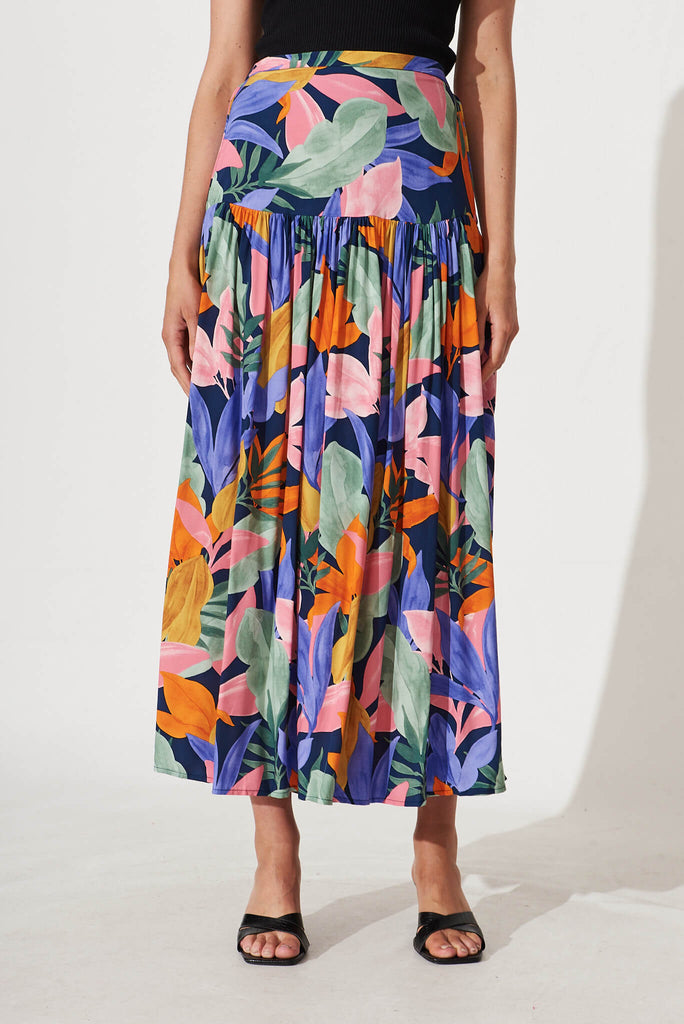 Cassandra Maxi Skirt In Navy Multi Leaf Print - front