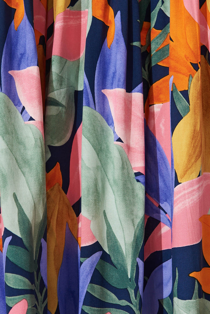 Cassandra Maxi Skirt In Navy Multi Leaf Print - fabric