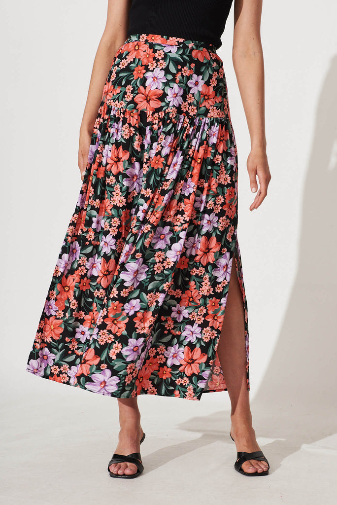 Cassandra Maxi Skirt In Black With Multi Floral Print - front