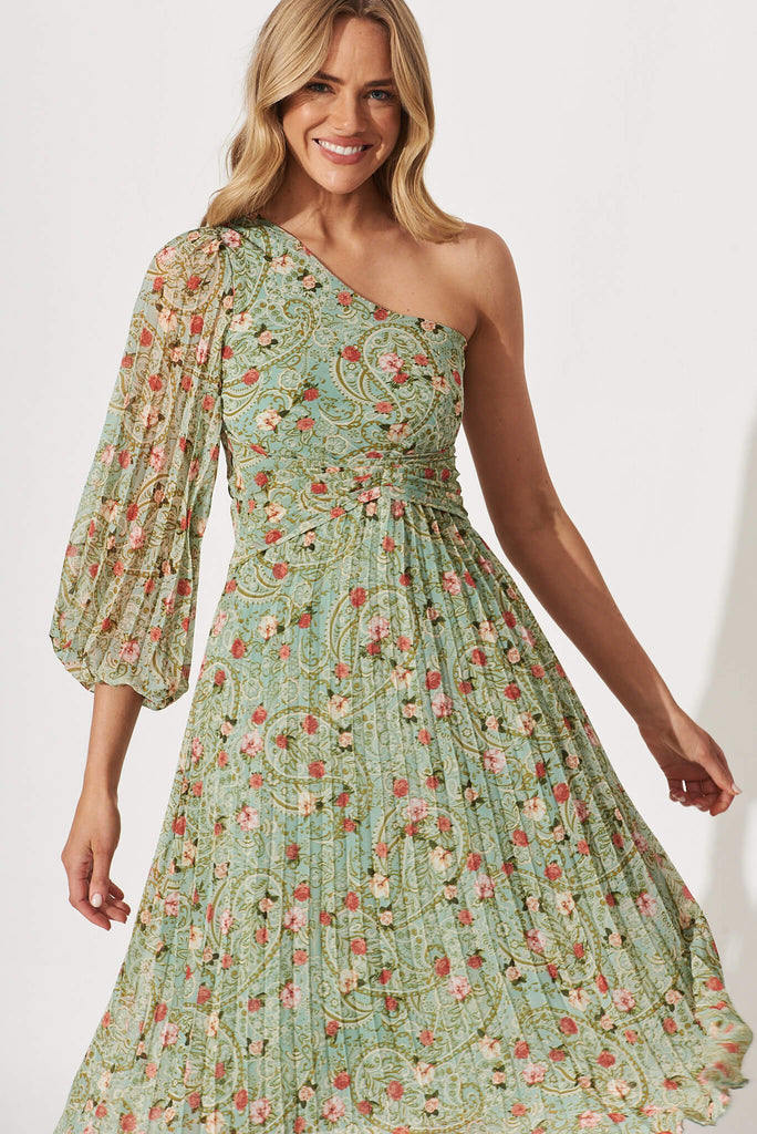 Cabana One Shoulder Midi Dress In Green Floral Chiffon - front