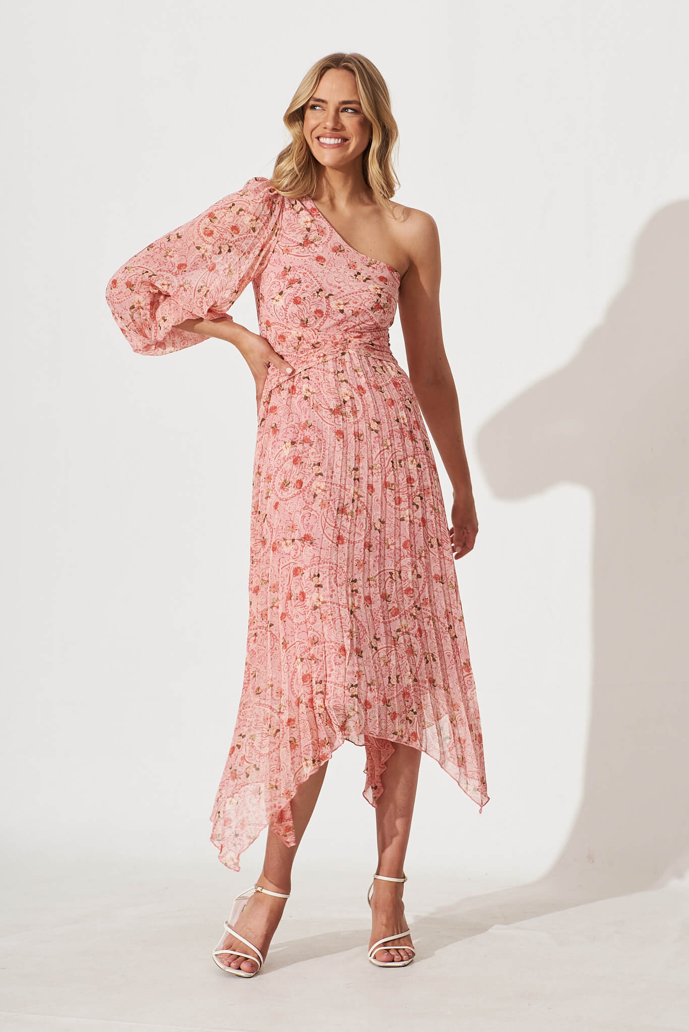 Cabana One Shoulder Midi Dress In Pink Floral Chiffon - full length