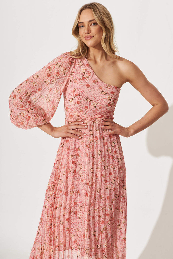 Cabana One Shoulder Midi Dress In Pink Floral Chiffon - front