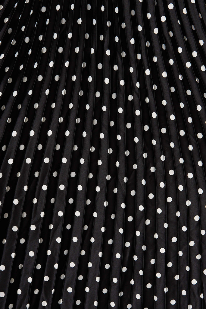 Nala Midi Dress In Black With White Polka Dot Satin - fabric