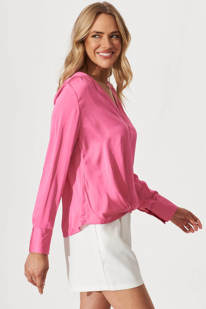 Lara Mock Wrap Top In Pink Satin - side