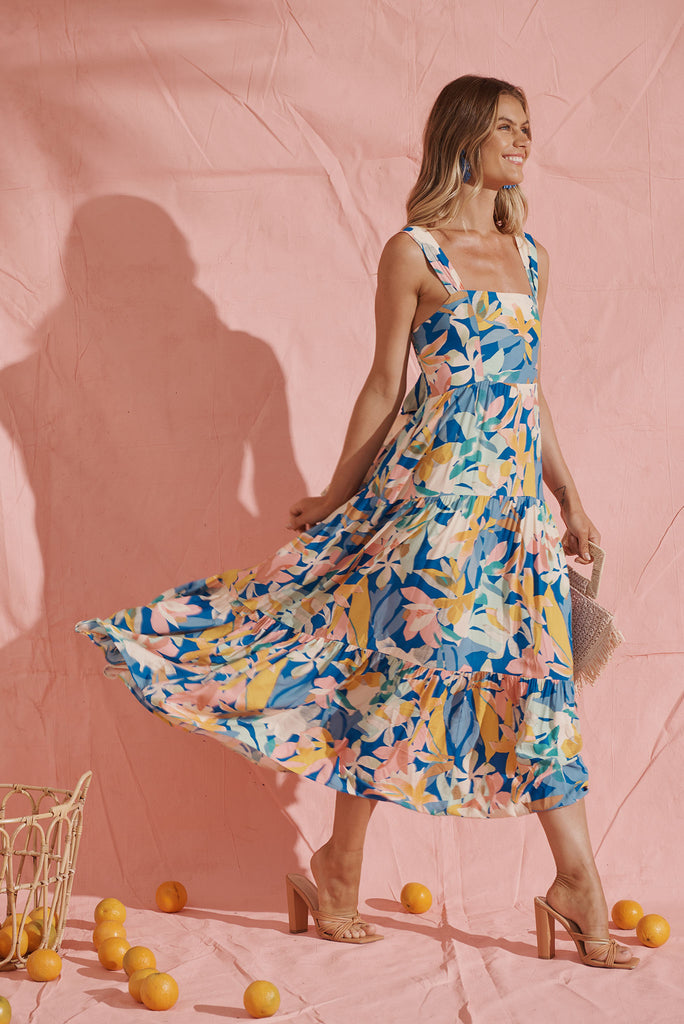 Izabel Maxi Sun Dress In Cobalt With Multi Floral