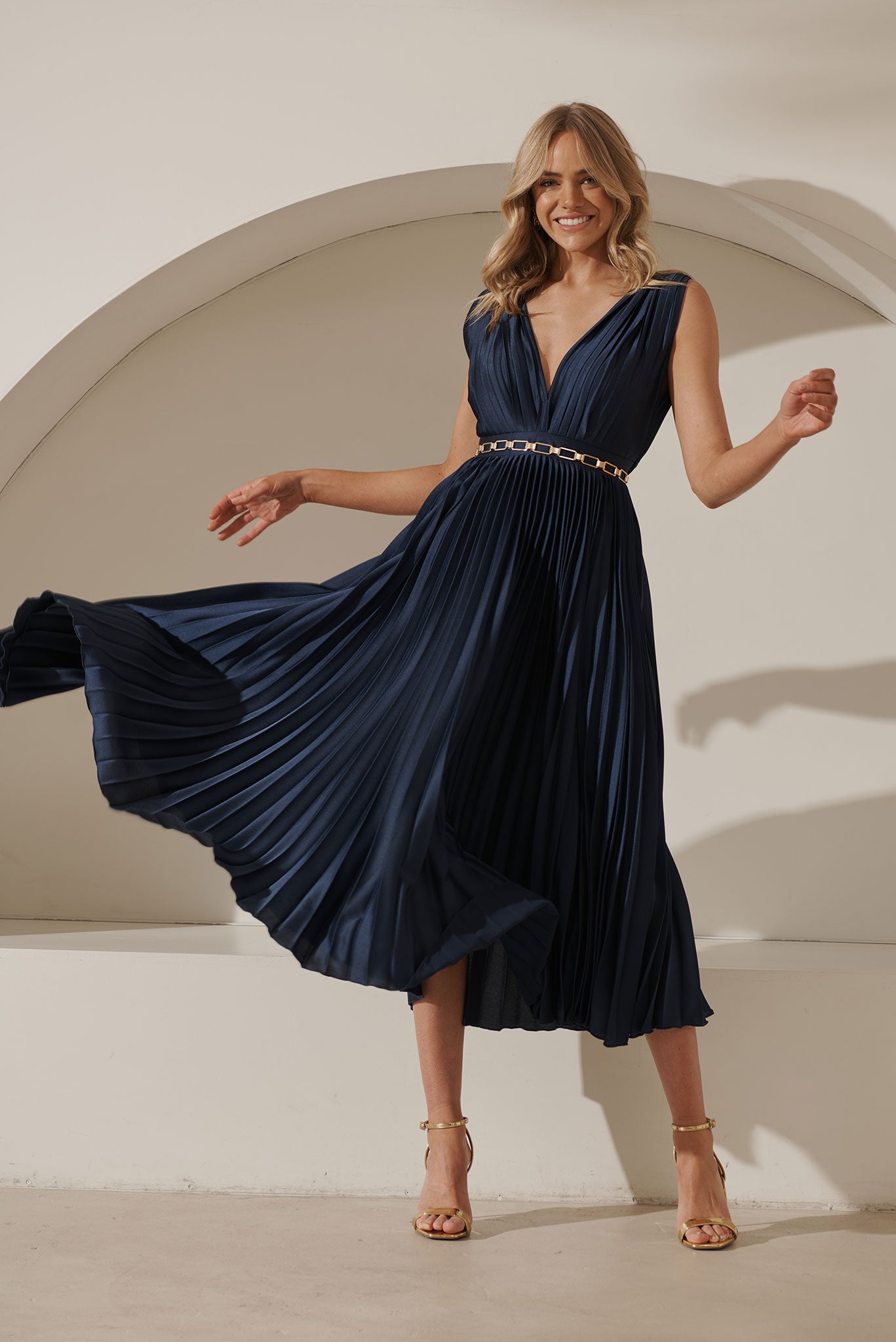 Navy satin midi clearance dress