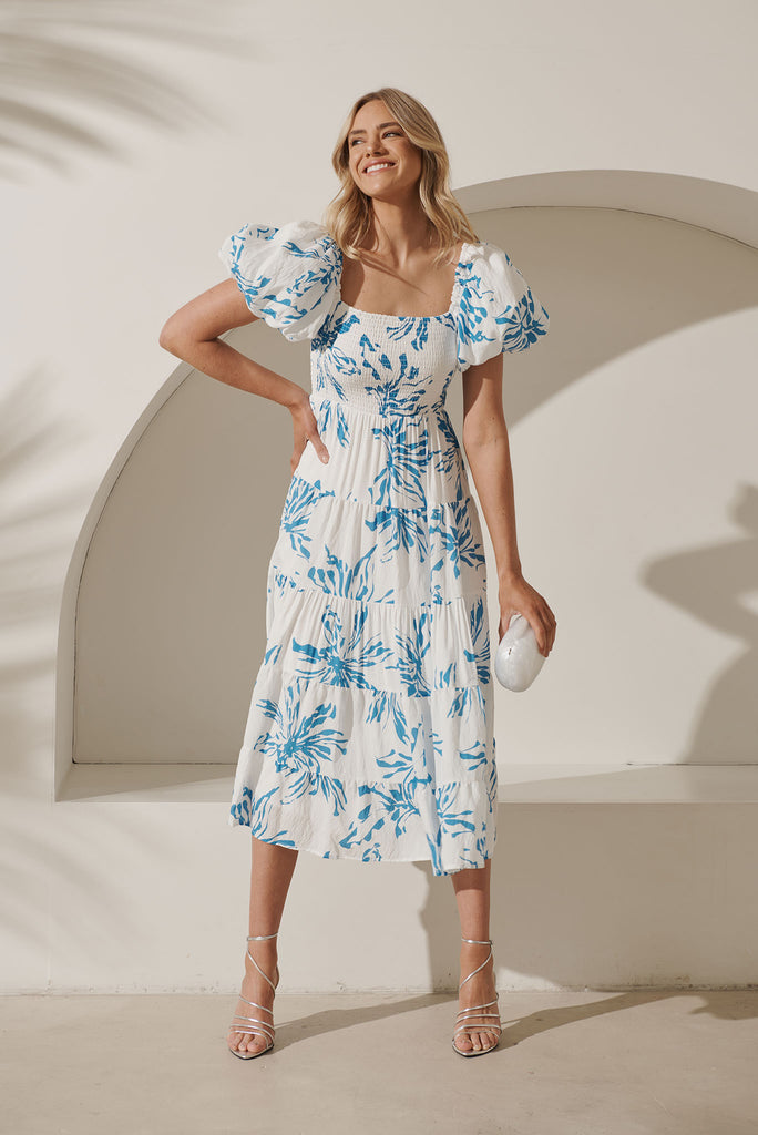 Kaitlyn Midi Dress In White With Blue Floral Print