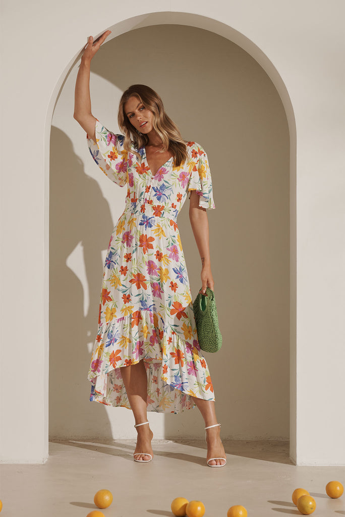 Janiero Maxi Dress In White With Bright Floral Print