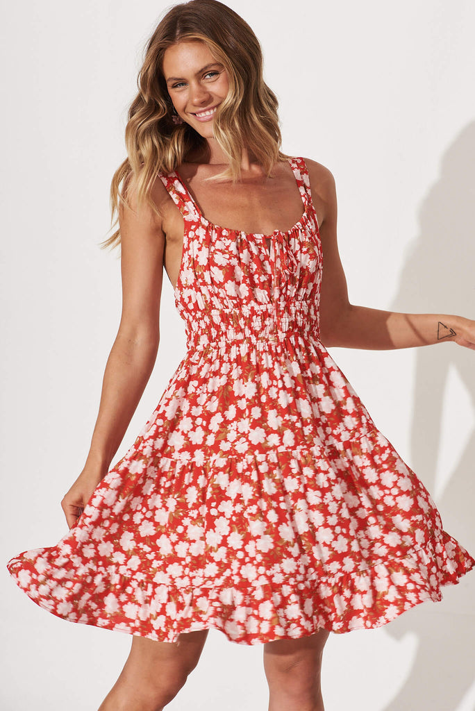 Orchid Sundress In Red With Pink Floral Print - front