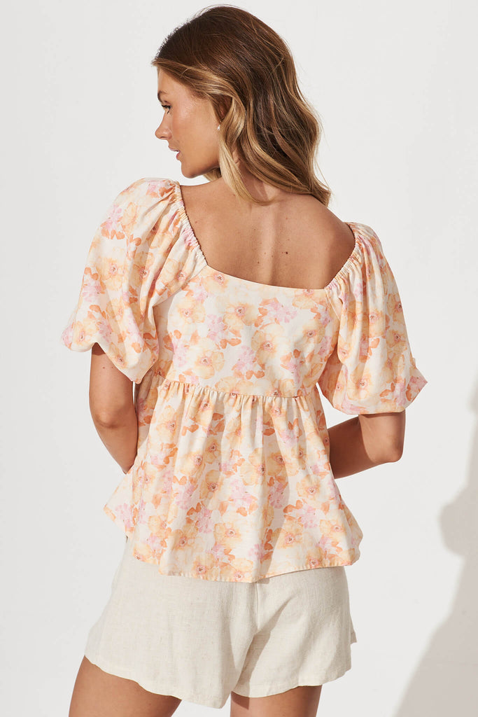 Oracle Top In Peach With Pink Floral Linen Blend - back