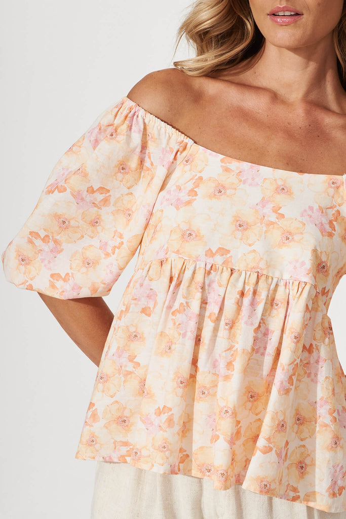 Oracle Top In Peach With Pink Floral Linen Blend - detail