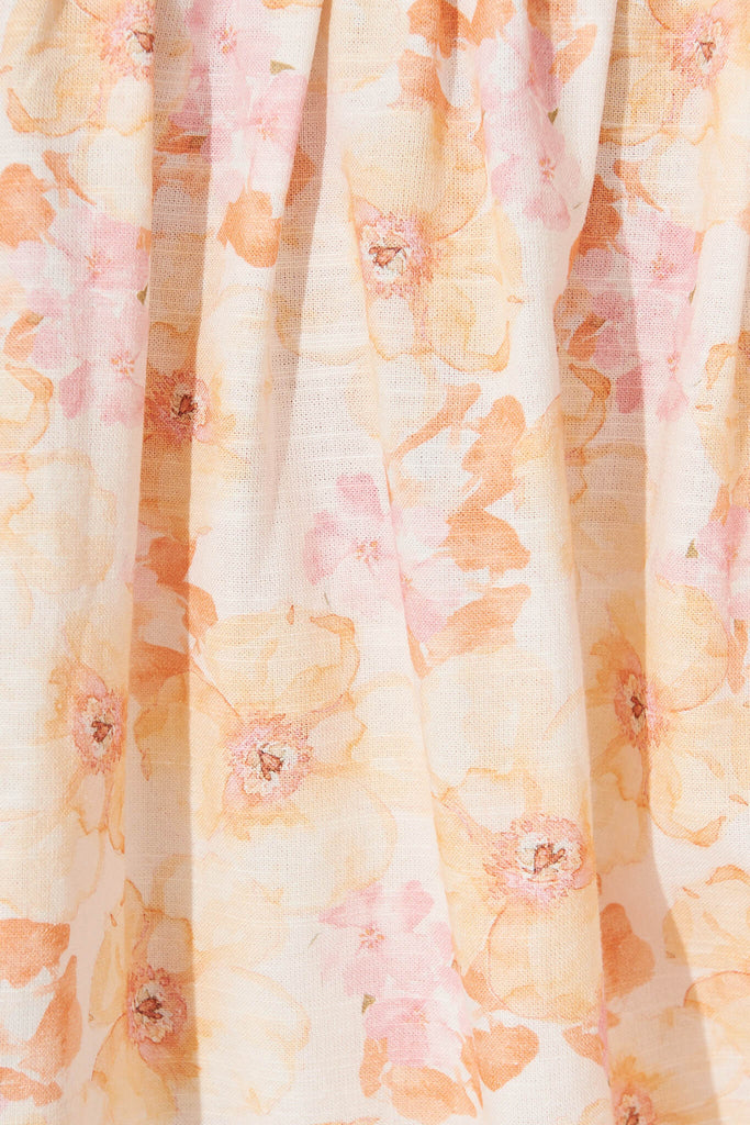 Oracle Top In Peach With Pink Floral Linen Blend - fabric