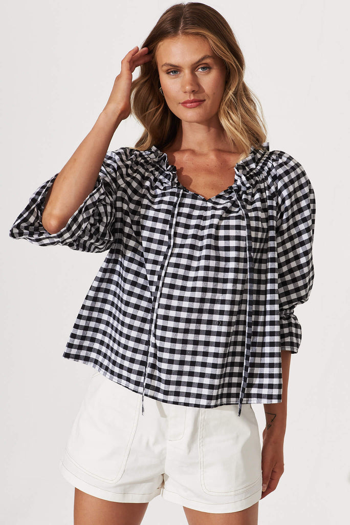 Evalyn Top In Black Gingham Check Cotton - front