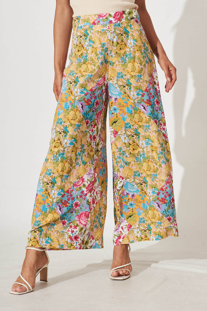 Mahalo Wide Leg Pant In Multi Green Patchwork Print - front