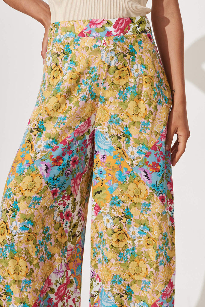 Mahalo Wide Leg Pant In Multi Green Patchwork Print - detail