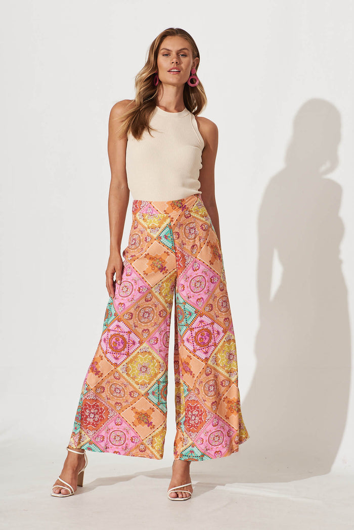 Mahalo Wide Leg Pant In Orange Multi Patchwork Print - full length