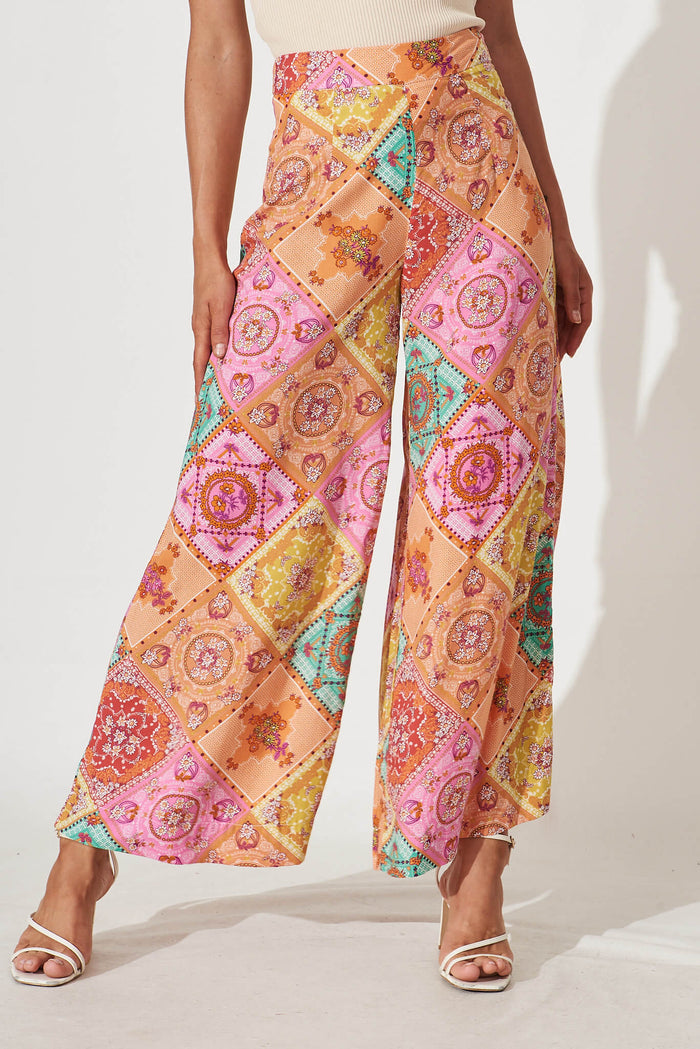 Mahalo Wide Leg Pant In Orange Multi Patchwork Print - front