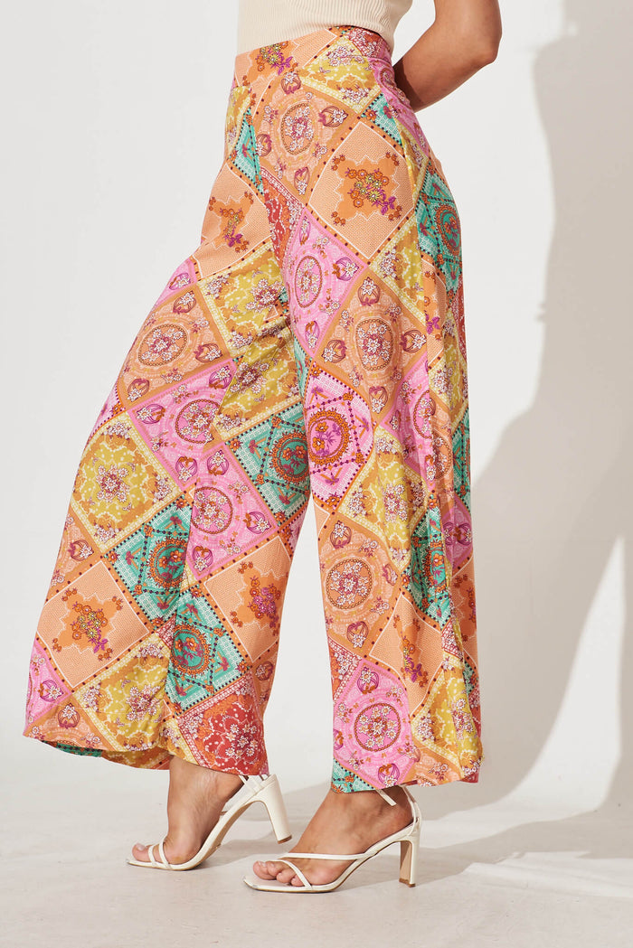 Mahalo Wide Leg Pant In Orange Multi Patchwork Print - side