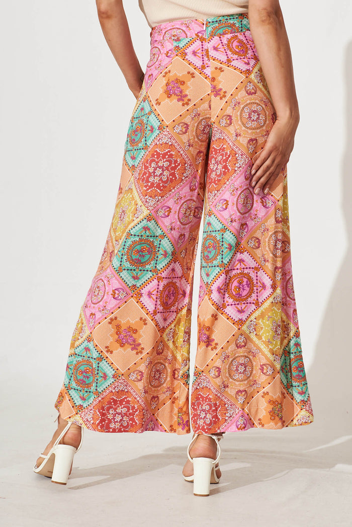 Mahalo Wide Leg Pant In Orange Multi Patchwork Print - back