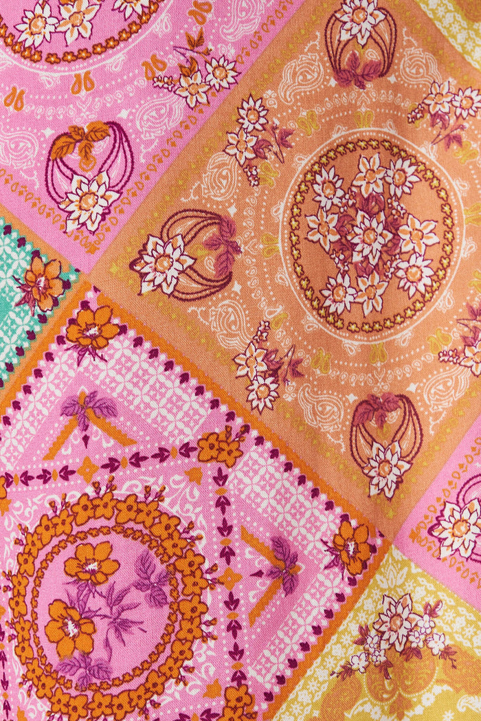 Mahalo Wide Leg Pant In Orange Multi Patchwork Print - fabric