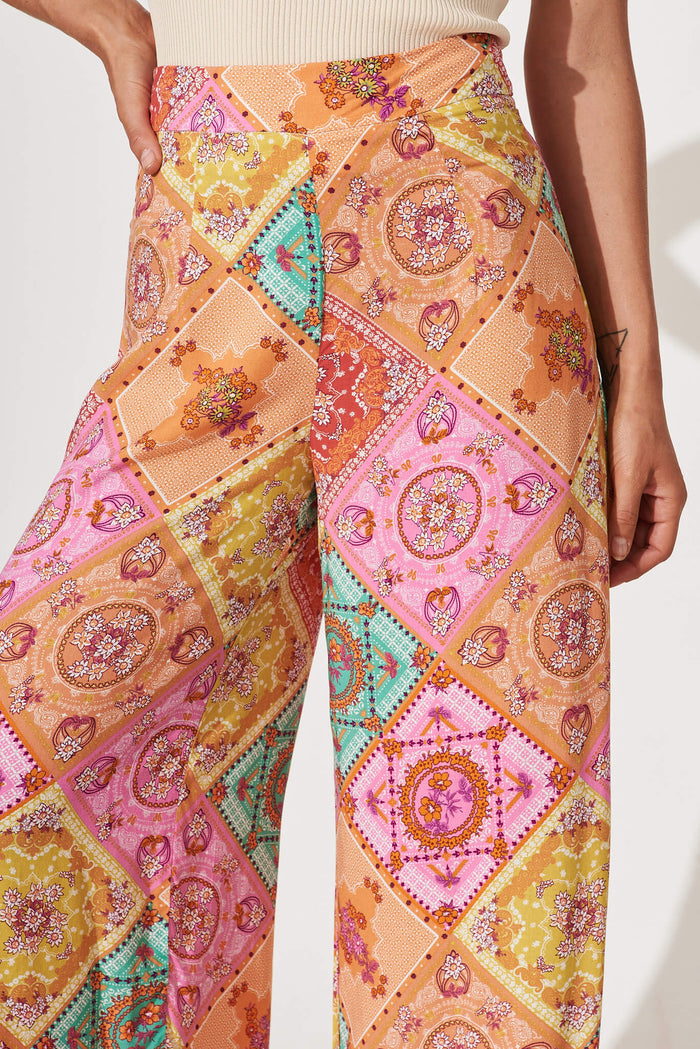 Mahalo Wide Leg Pant In Orange Multi Patchwork Print - detail