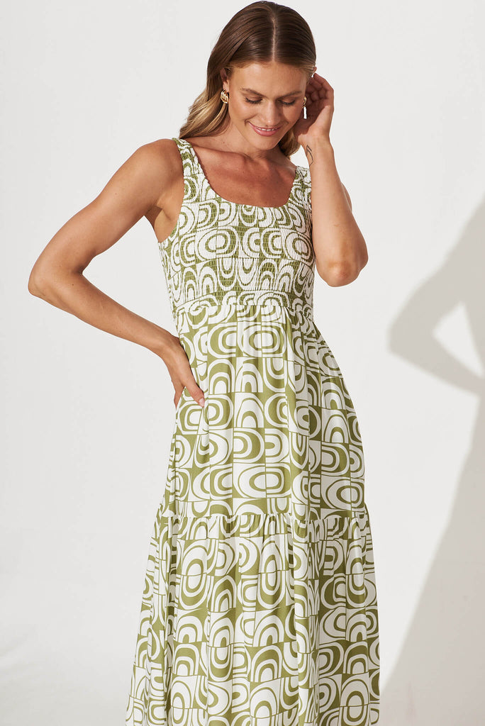 Caribbean Midi Dress In White And Green Geometric - front