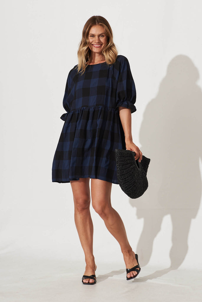 Cooper Smock Dress In Navy With Black Check - full length