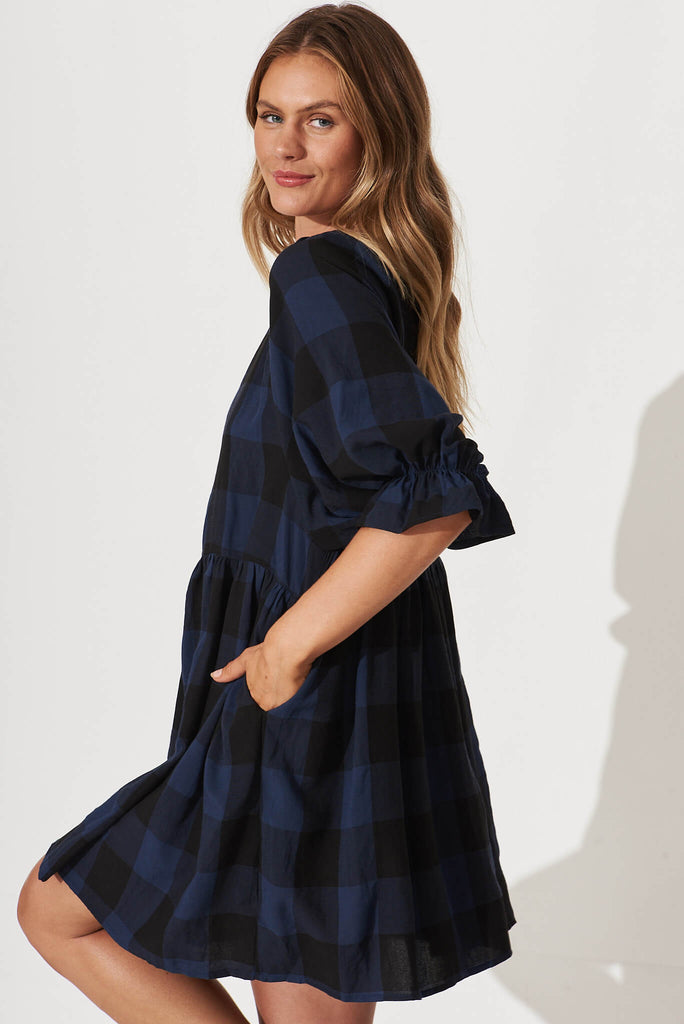 Cooper Smock Dress In Navy With Black Check - side