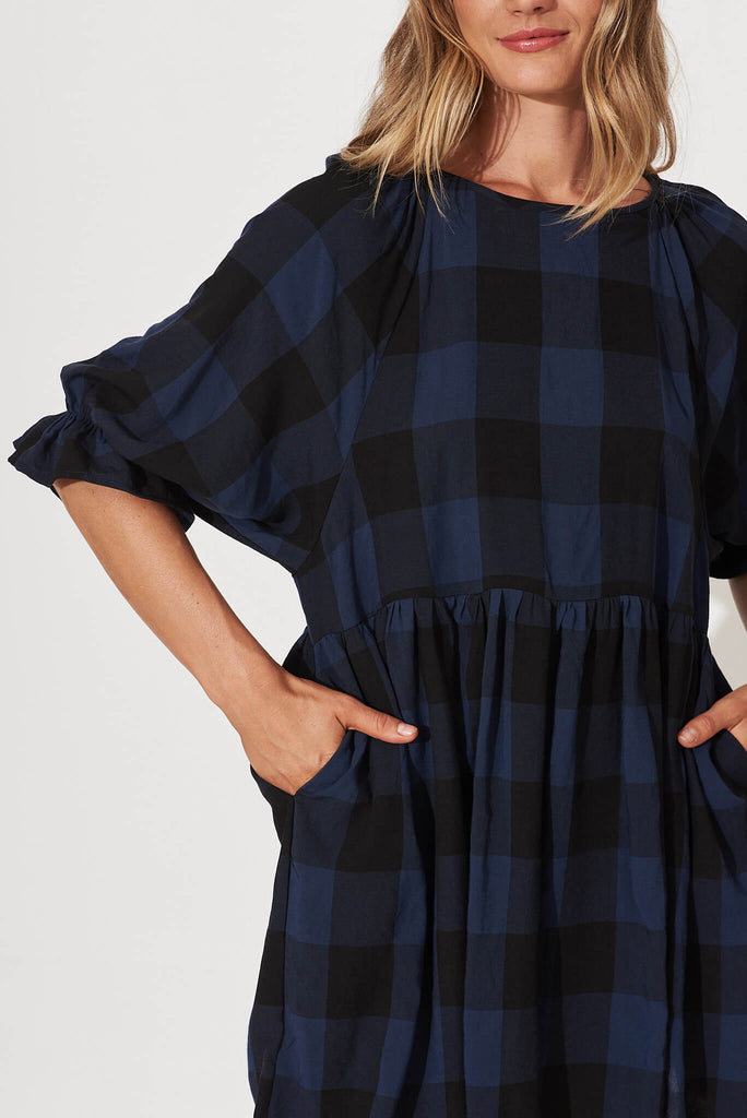Cooper Smock Dress In Navy With Black Check - detail
