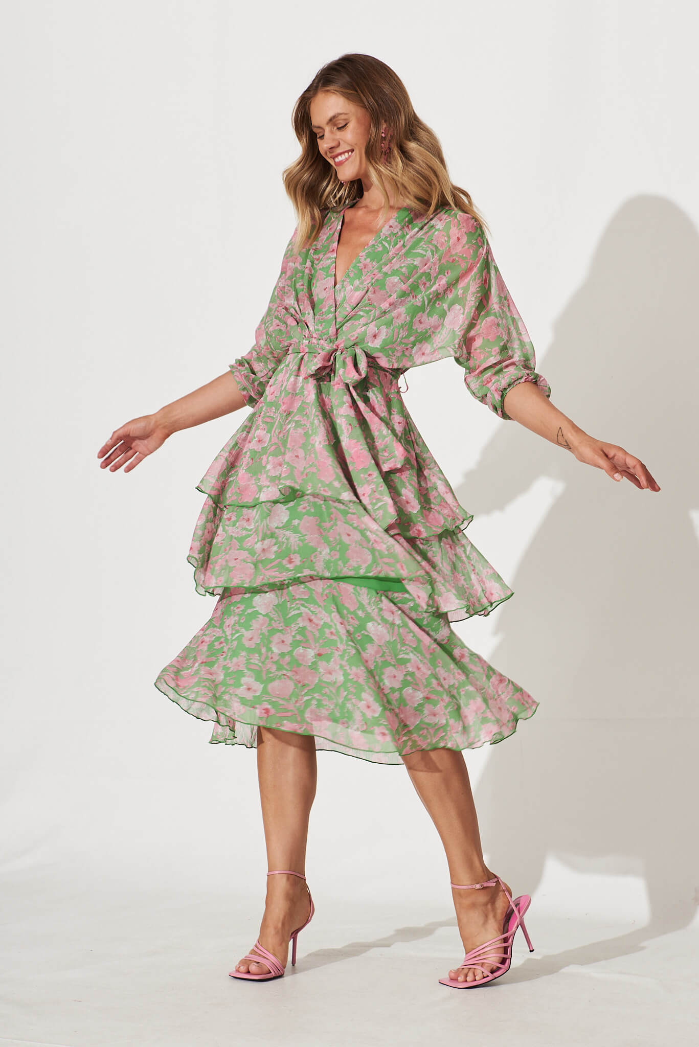 Jenner Midi Dress In Green With Pink Floral Chiffon - full length