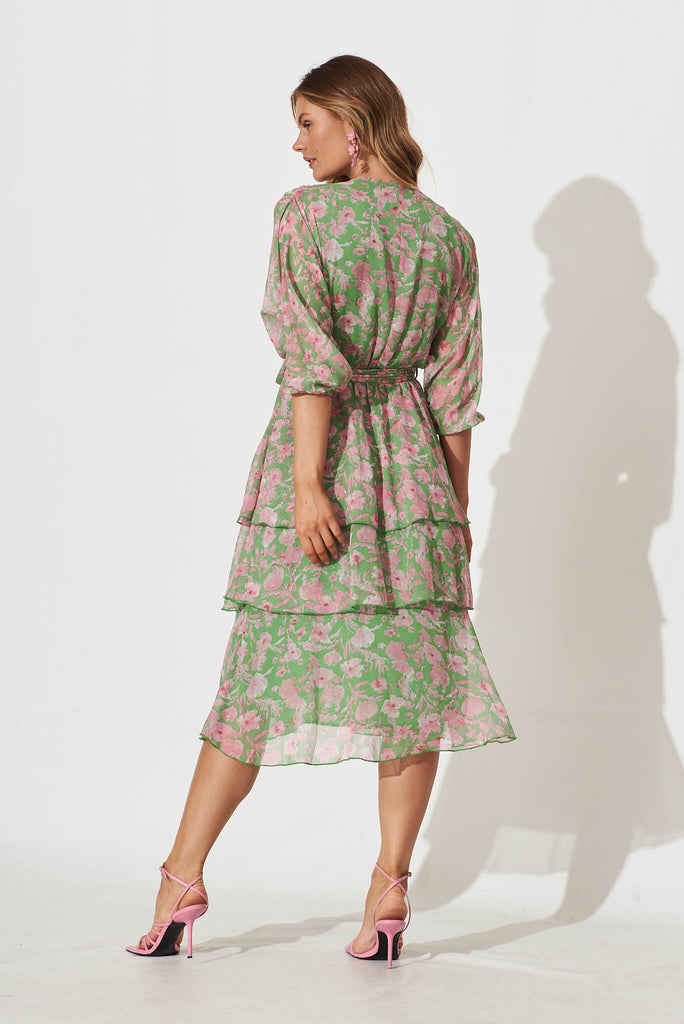 Jenner Midi Dress In Green With Pink Floral Chiffon - back