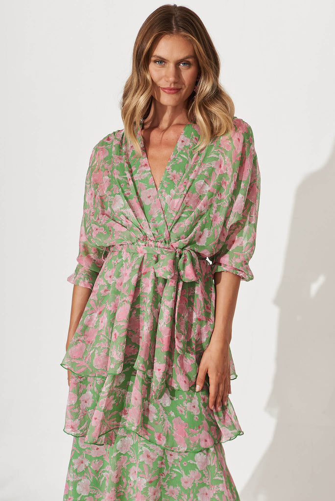 Jenner Midi Dress In Green With Pink Floral Chiffon - front