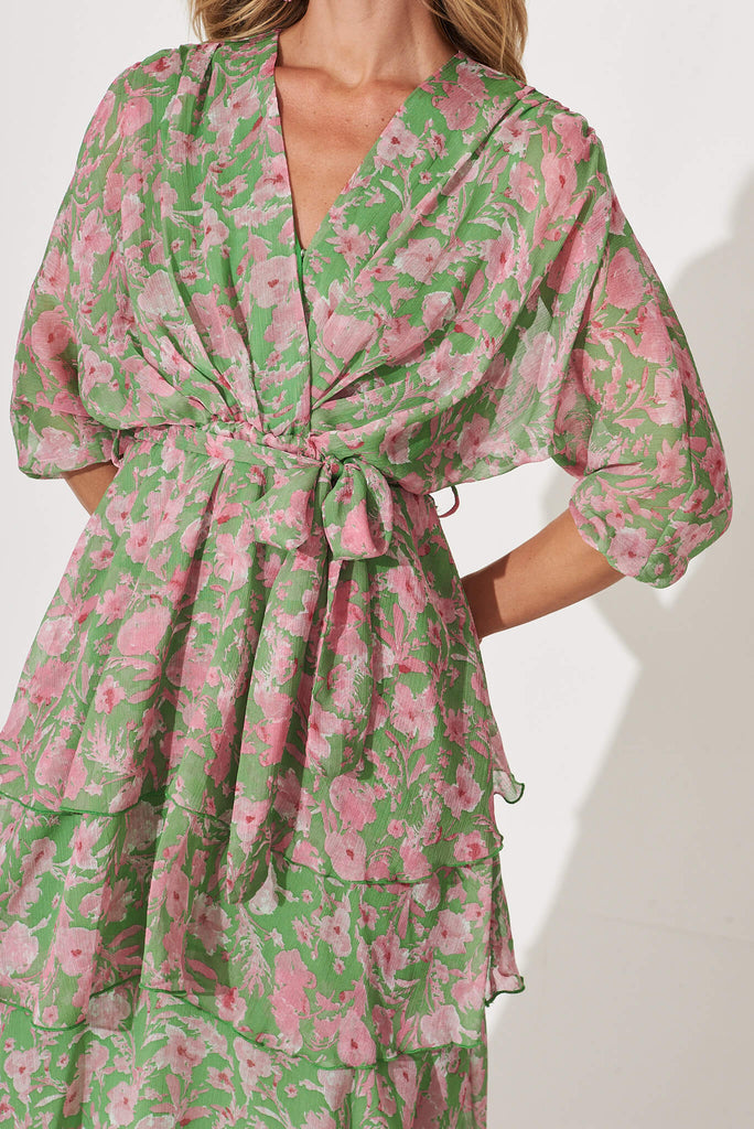 Jenner Midi Dress In Green With Pink Floral Chiffon - detail