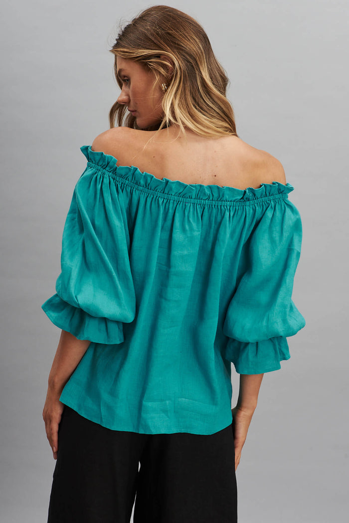 Evalyn Top In Green Pure Linen - back