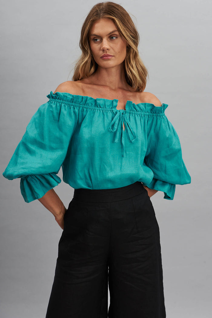 Evalyn Top In Green Pure Linen - front