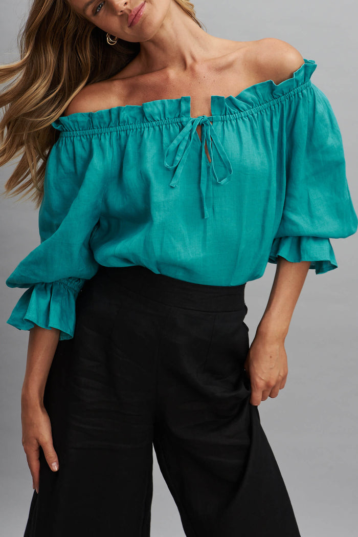 Evalyn Top In Green Pure Linen - detail