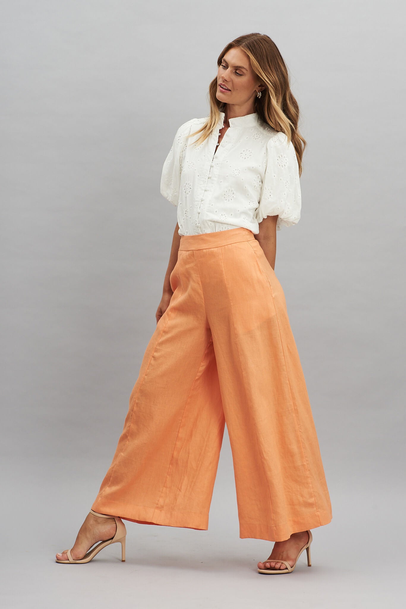 Noelle Pant In Orange Pure Linen - full length