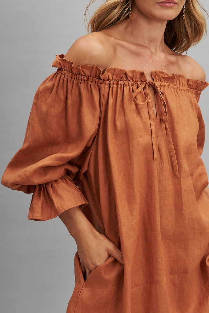 Luanna Dress In Rust Pure Linen - detail