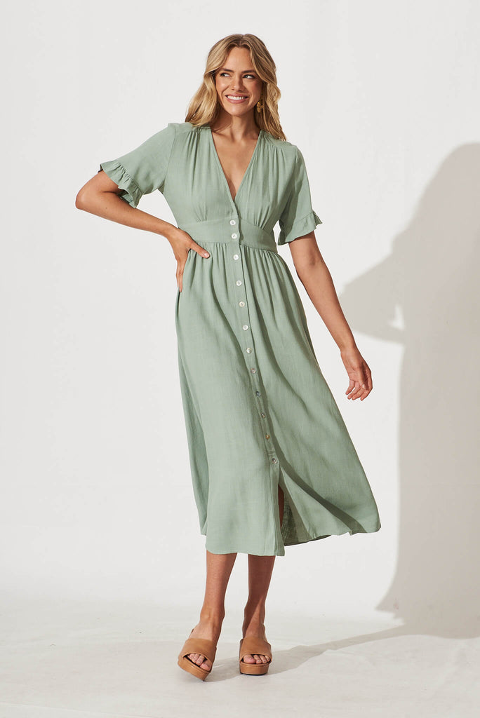Aire Midi Dress In Sage Green Linen - full length