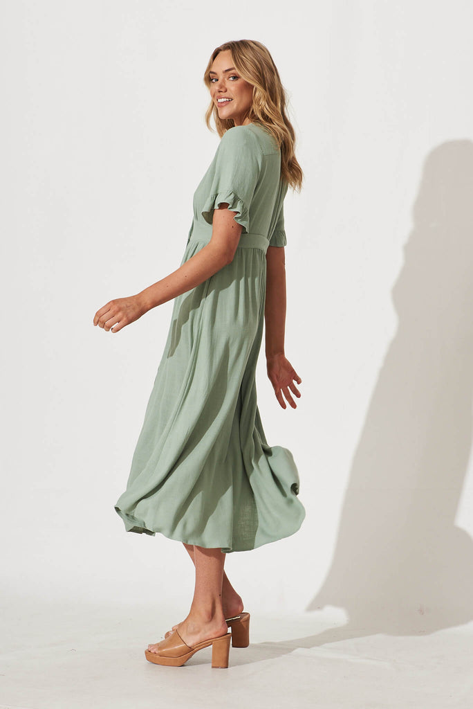 Aire Midi Dress In Sage Green Linen - side