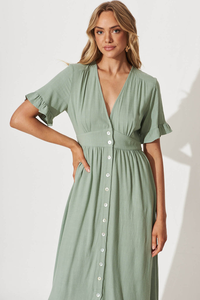 Aire Midi Dress In Sage Green Linen - front
